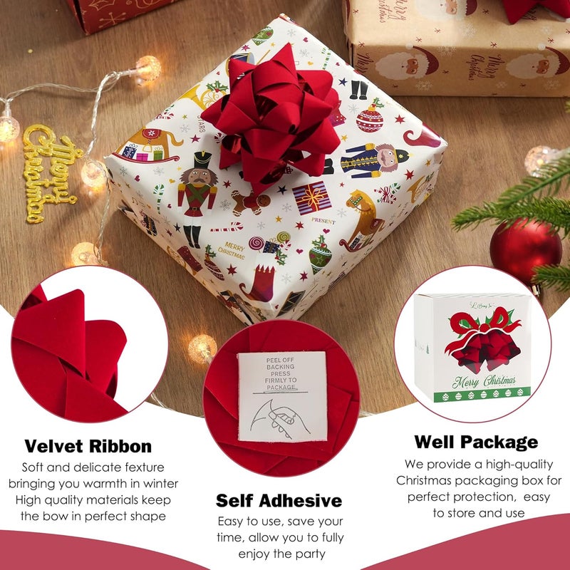 LiBongTa 4.5 Inch Red Velvet Ribbon Gift Bow Decorative Bows, Premade Valentine Bows for Gift Wrapping Self Adhesive, Wrapping Bows for Presents, Party Favor, Holiday, Wedding, Birthday-12 Counts - Image 3